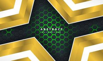 3D abstract green light hexagonal background with gold and white frame shapes. vector