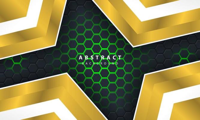 3D abstract green light hexagonal background with gold and white frame shapes.