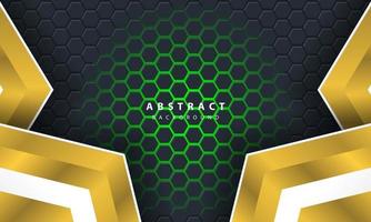 3D abstract green light hexagonal background with gold and white frame shapes. vector