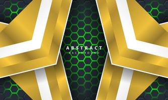 3D abstract green light hexagonal background with gold and white frame shapes. vector