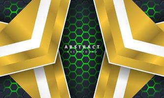 3D abstract green light hexagonal background with gold and white frame shapes. vector