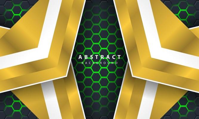 3D abstract green light hexagonal background with gold and white frame shapes.