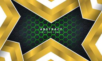 3D abstract green light hexagonal background with gold and white frame shapes. vector