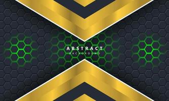 3D abstract green light hexagonal background with gold and white frame shapes. vector