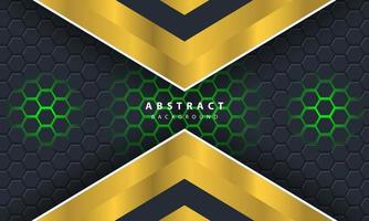 3D abstract green light hexagonal background with gold and white frame shapes. vector