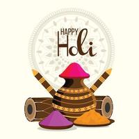 Happy holi flat design concept with color mud pot with drum and color gun vector