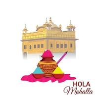 Happy holi illustration with golden tample and color bucket vector