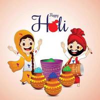 Happy holi creative illustration with color bowl with mud pot and bucket vector