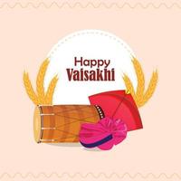 concepto de diseño plano feliz baisakhi con dhol y trigo vector