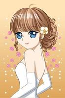 hermosa y feliz niña con vestido de novia de dibujos animados