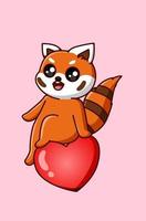 Kawaii y feliz panda rojo se sienta en la ilustración de dibujos animados del corazón de San Valentín