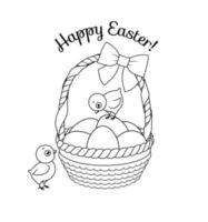 Cute chicks with basket full of Easter eggs. Vector black and white illustration for coloring book page.
