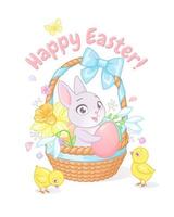 Cute little bunny and chicks with basket full of spring flowers and eggs. Happy Easter greeting with cartoon vector illustration on white background.