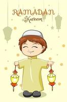 Little muslim boy celebrating ramadan kareem with lantern cartoon illustration vector