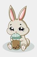 A cute rabbit drinking boba drink illustration vector