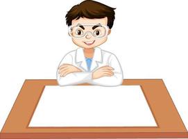 A boy wearing scientist gown with empty paper on the table vector