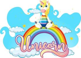 personaje de dibujos animados de unicornio de pie sobre un arco iris con fuente de unicornio vector