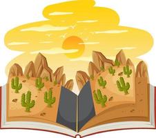 libro abierto con camino a través del desierto. vector