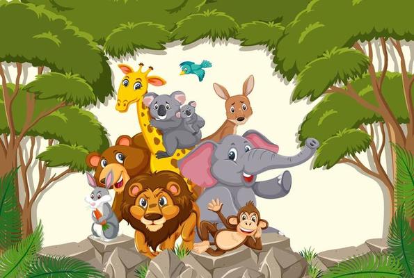 Wild animals group in the forest scene