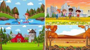 Set of different nature scenes background with many people vector