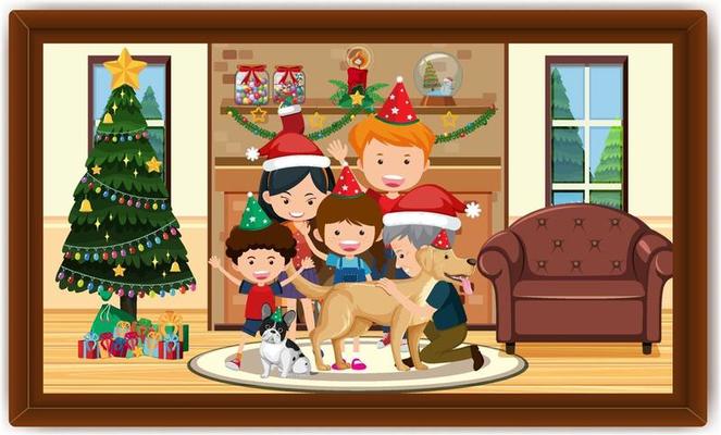 Happy family in Christmas costume in the living room scene photo in a frame