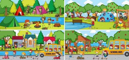 Outdoor scene set with many kids doodle cartoon character vector