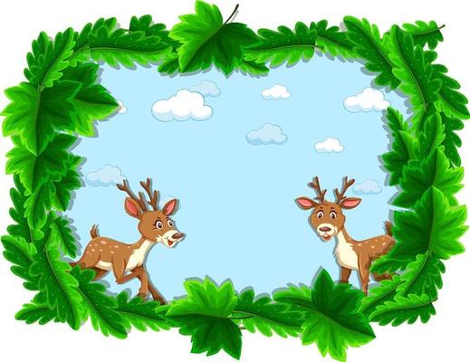 Empty banner with tropical leaves frame and deer cartoon character