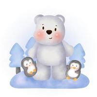 acuarela lindo oso polar y pingüinos vector