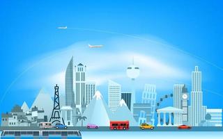 Around the world concept with road traffic and modern city vector