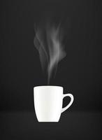 White realistic cup with hot coffee with steam. Vertical layered vector mock up