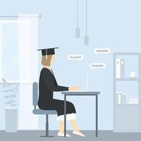 A girl celebrates her graduation alone at home because of lockdown. She is chatting online with her group mates. Concept flat illustration. vector