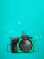 Travel concept with green camera and doodle elements. Vertical illustration with copy space vector