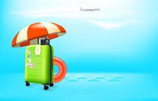 Vacation in pandemic. Concept with color plastic suitcase and protection mask. Vector banner with copy space for a text