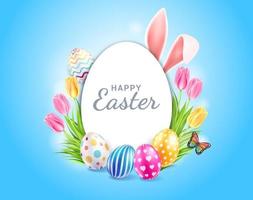 feliz día de pascua huevos de pascua colores diferentes y patrones de textura y orejas de conejo con flores de tulipanes y mariposas sobre fondo de color azul. ilustraciones vectoriales. vector