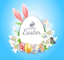 Happy easter day easter eggs colorful different and patterns texture  and rabbit ears with lilies flower and butterfly on blue color background. Vector illustrations.