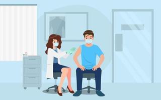 A doctor in a clinic giving a Coronavirus vaccine to a man. Vaccination concept for immunity health. Virus prevention to medical treatment, process of immunization against covid-19 for people. vector