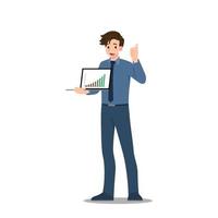 Businessman stand and smiling, holding a laptop showing a good and profitable stock performance and raising his hand and do a symbol it as excellent. Vector illustration flat design.