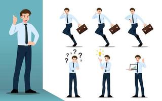 Flat design concept of Businessman with different poses, working and presenting process gestures, actions and poses. Vector cartoon character design set.