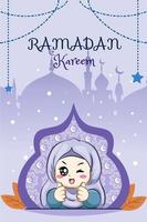 Little muslim girl at ramadan kareem cartoon illustration vector