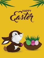 Flat happy easter day poster with easter bunny and egg nest vector