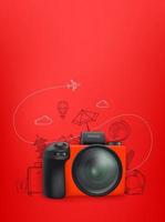 Travel concept with red camera and doodle elements. Vertical illustration with copy space vector