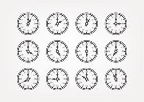 Retro style clock vector silhouettes with different arrows position