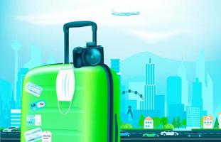 Vacation on pandemic. Concept with color plastic suitcase and protection mask in a city. Vector banner