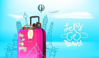 Premium Vector  Travel vector illustration. let's go travel text with  airplane, luggage bag and traveling elements