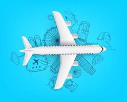 Air travel concept with aircraft model and doodle elements vector