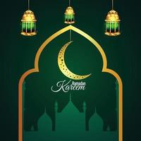 Flat design of ramadan kareem with arabic eid lamp on green background vector