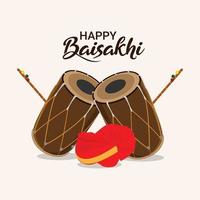 Happy vaisakhi flat design concept with creative drum and background vector