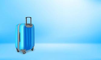 Blue plastic suitcase on blue background. Vacation vector concept