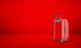 Red plastic suitcase on red background. Vacation vector concept