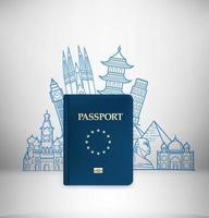 Ilustración de viaje con pasaporte azul. ilustración vectorial con monumentos famosos vector